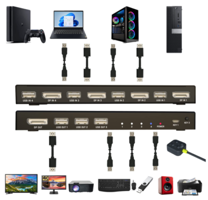 Conmutador KVM DisplayPort de 4 Puertos – Controla 4 Computadoras con 1 Monitor 4K y Periféricos USB 🖥️🖱️🎮 - Imagen 2