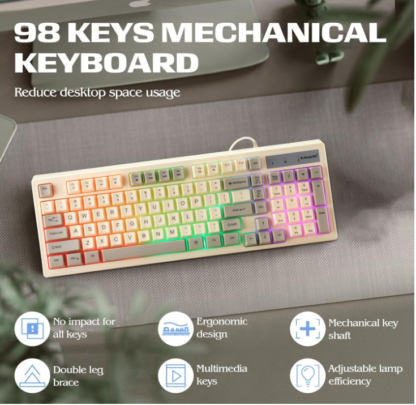 Teclado Gamer Retroiluminado de 98 Teclas Blanco y Gris – Compacto, Mecánico y Ultra Resistente 🎮⌨️🌈 - Imagen 6