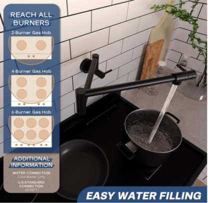 Grifo de Cocina de Pared Plegable Negro Mate – Llenador de Ollas de Latón con Doble Brazo Articulado - Imagen 2