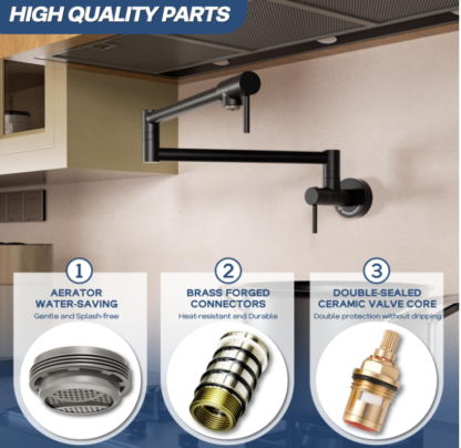 Grifo de Cocina de Pared Plegable Negro Mate – Llenador de Ollas de Latón con Doble Brazo Articulado - Imagen 3