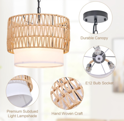 Lámpara colgante de ratán tejida a mano con 3 bombillos – estilo vintage y bohemio - Imagen 3