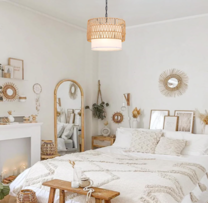 Lámpara colgante de ratán tejida a mano con 3 bombillos – estilo vintage y bohemio - Imagen 5