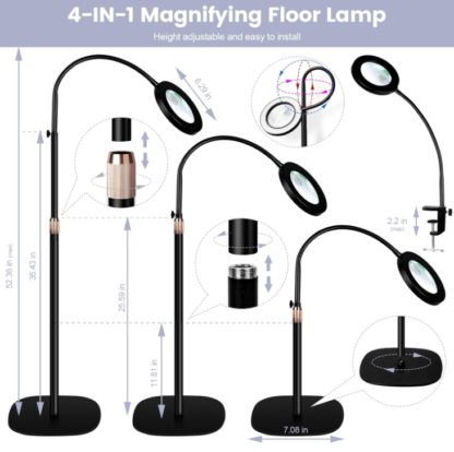 Lámpara de pie con lupa LED 10X/15X, luz regulable y cuello flexible – 3 tonos de luz - Imagen 3