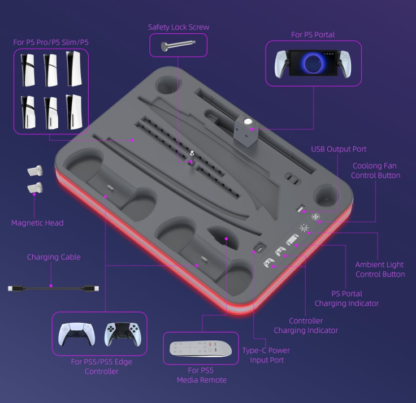 Base de Carga y Enfriamiento para PS5 Pro/Slim/Estándar – Color Gris - Imagen 5