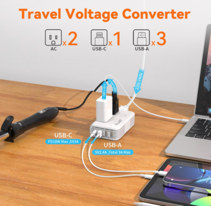 Convertidor de Voltaje de Viaje 220V a 110V – Uso Mundial, 6 Puertos de Carga Simultánea - Imagen 5