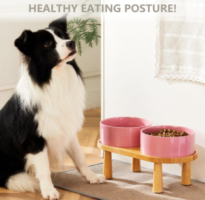 Tazones elevados rosados de cerámica para perros grandes con base de madera antideslizante - Imagen 2