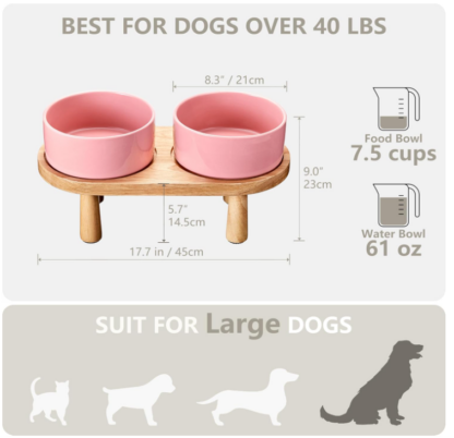 Tazones elevados rosados de cerámica para perros grandes con base de madera antideslizante - Imagen 3