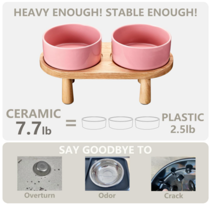 Tazones elevados rosados de cerámica para perros grandes con base de madera antideslizante - Imagen 4