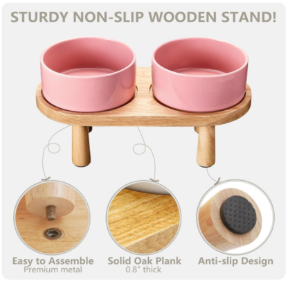 Tazones elevados rosados de cerámica para perros grandes con base de madera antideslizante - Imagen 5