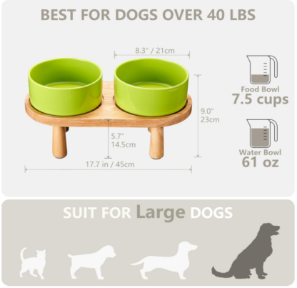 Tazones elevados verdes de cerámica para perros grandes con base de madera antideslizante - Imagen 3