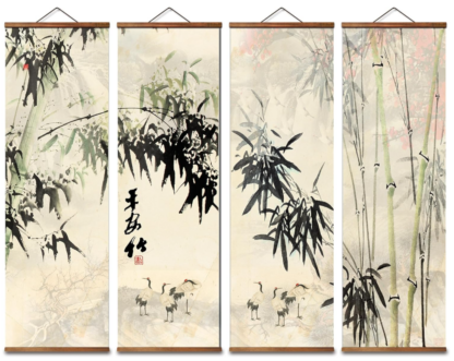 Lienzos Colgantes en Estilo Chino – Set de 4 Lienzos con Grullas y Bambú 🎋🖌️🎨🖼️