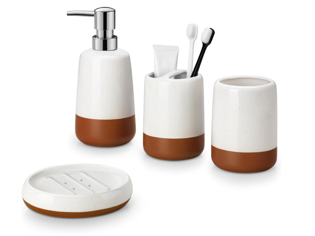 Set de Accesorios para Baño de Cerámica 4 Piezas – Dispensador, Vasos y Jabonera Khaki Blanco