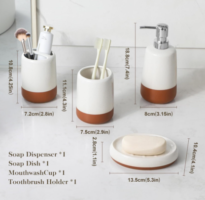 Set de Accesorios para Baño de Cerámica 4 Piezas – Dispensador, Vasos y Jabonera Khaki Blanco - Imagen 2