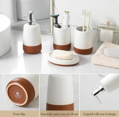 Set de Accesorios para Baño de Cerámica 4 Piezas – Dispensador, Vasos y Jabonera Khaki Blanco - Imagen 5