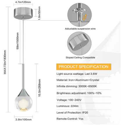 💡Lámpara Colgante Moderna de Cristal con Luz LED y Efecto de Refracción – Altura Ajustable hasta 150 cm - Imagen 3