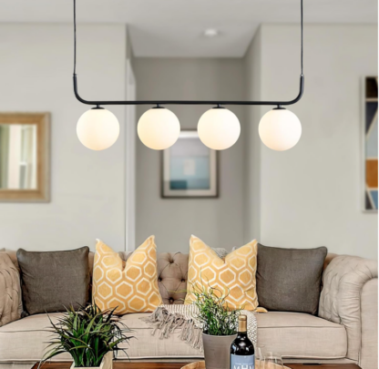 Candelabro Lineal de 4 Luces con Globos de Vidrio Lechoso de 80 cm para Comedor o Isla de Cocina – Estilo Mid Century Modern ✨🖤 - Imagen 7