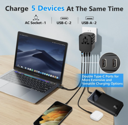 Adaptador de Corriente Universal para Viaje con 2 USB-C + 3 USB-A + Toma AC 🔌🌍✨ - Imagen 5