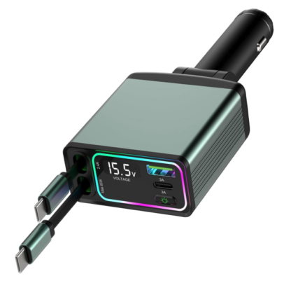 Cargador Retráctil 4 en 1 para Auto / carro con Cables Tipo-C de 80cm y 4 Puertos USB 🚗⚡🌈