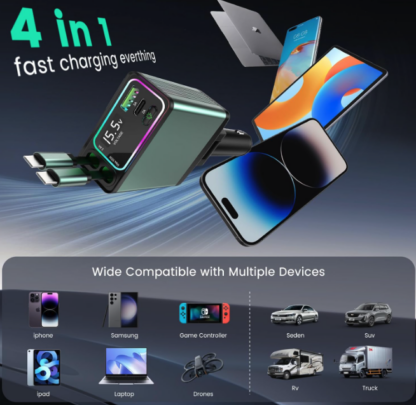 Cargador Retráctil 4 en 1 para Auto / carro con Cables Tipo-C de 80cm y 4 Puertos USB 🚗⚡🌈 - Imagen 4