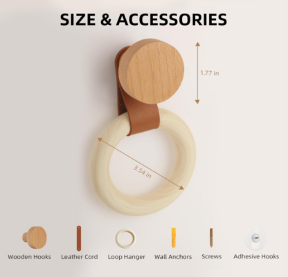 Ganchos de Madera con Aros Decorativos – Set de 4 para Pared con Cinta de Cuero y Adhesivos Incluidos 🌿🪵🧣 - Imagen 2