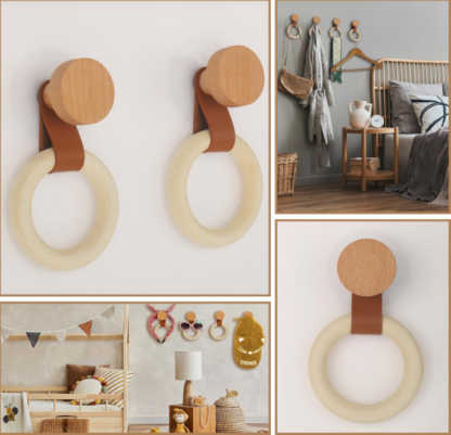 Ganchos de Madera con Aros Decorativos – Set de 4 para Pared con Cinta de Cuero y Adhesivos Incluidos 🌿🪵🧣 - Imagen 3