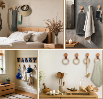 Ganchos de Madera con Aros Decorativos – Set de 4 para Pared con Cinta de Cuero y Adhesivos Incluidos 🌿🪵🧣 - Imagen 4