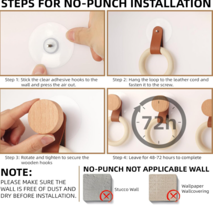 Ganchos de Madera con Aros Decorativos – Set de 4 para Pared con Cinta de Cuero y Adhesivos Incluidos 🌿🪵🧣 - Imagen 6