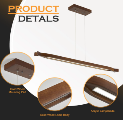 Lámpara colgante lineal de 125 cm en madera maciza con control remoto – Luz LED regulable 🌰📏💡 - Imagen 2