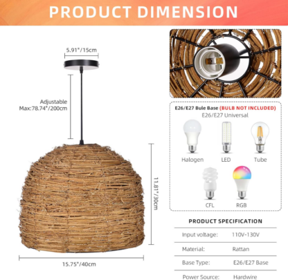 Lámpara Colgante de Rattan de 40 cm 🌾✨ Estilo Boho Costero Artesanal - Imagen 3