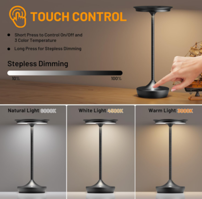 Lámpara de Mesa LED Recargable de 13 cm – Portátil, Inalámbrica, con Batería de 6000mAh, 3 Tonos de Luz y Memoria 🌟🌿 - Imagen 2