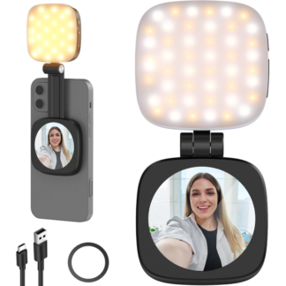 Luz de Selfie Magnética Mini con Espejo HD, 48 LEDs, 360° Rotación y Base Ajustable 🌟📱💡