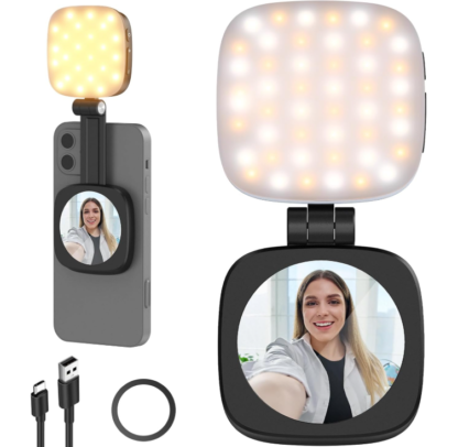 Luz de Selfie Magnética Mini con Espejo HD, 48 LEDs, 360° Rotación y Base Ajustable 🌟📱💡
