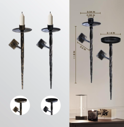 Portavelas de Pared de Acero Forjado de 30 cm – Set de 2 Candelabros Vintage Artesanales ⚒🕯️ - Imagen 3