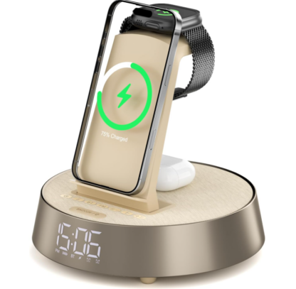 Reloj Despertador con Cargador Inalámbrico para Dormitorio 🌙🔊 Luz Nocturna, Bocina Bluetooth y Estación de Carga para iPhone y AirPods – 6 en 1