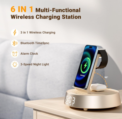 Reloj Despertador con Cargador Inalámbrico para Dormitorio 🌙🔊 Luz Nocturna, Bocina Bluetooth y Estación de Carga para iPhone y AirPods – 6 en 1 - Imagen 2