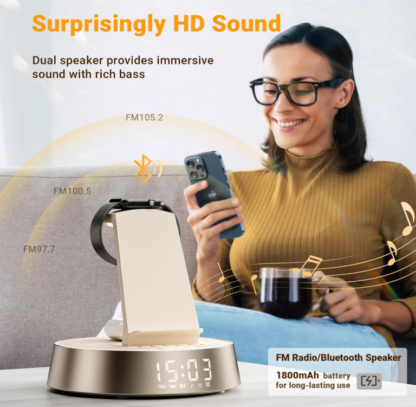 Reloj Despertador con Cargador Inalámbrico para Dormitorio 🌙🔊 Luz Nocturna, Bocina Bluetooth y Estación de Carga para iPhone y AirPods – 6 en 1 - Imagen 3
