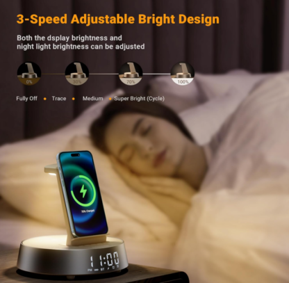 Reloj Despertador con Cargador Inalámbrico para Dormitorio 🌙🔊 Luz Nocturna, Bocina Bluetooth y Estación de Carga para iPhone y AirPods – 6 en 1 - Imagen 6