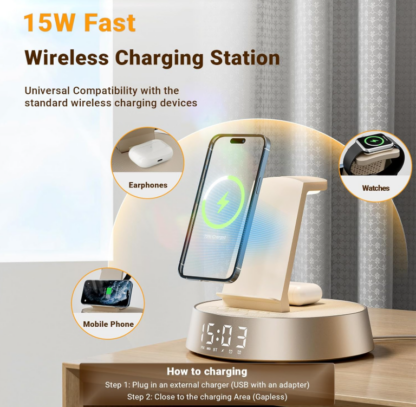 Reloj Despertador con Cargador Inalámbrico para Dormitorio 🌙🔊 Luz Nocturna, Bocina Bluetooth y Estación de Carga para iPhone y AirPods – 6 en 1 - Imagen 7