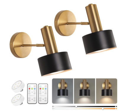 Set de 2 Lámparas/Apliques de Pared a Pilas, Negros y Dorados con Luz LED Regulable, Control Remoto y Función de Memoria 🌟🖤✨