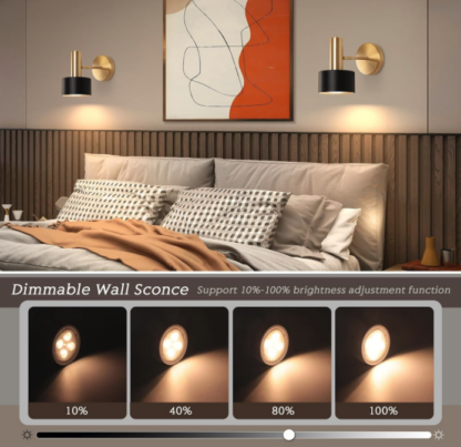 Set de 2 Lámparas/Apliques de Pared a Pilas, Negros y Dorados con Luz LED Regulable, Control Remoto y Función de Memoria 🌟🖤✨ - Imagen 4