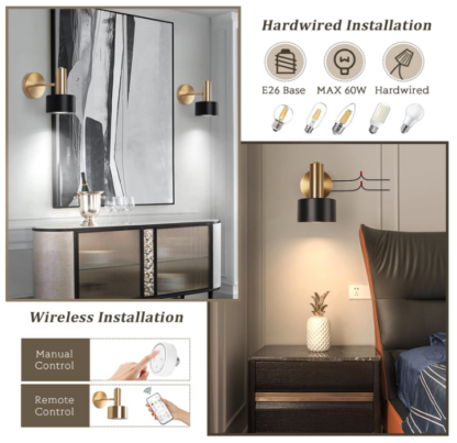 Set de 2 Lámparas/Apliques de Pared a Pilas, Negros y Dorados con Luz LED Regulable, Control Remoto y Función de Memoria 🌟🖤✨ - Imagen 5