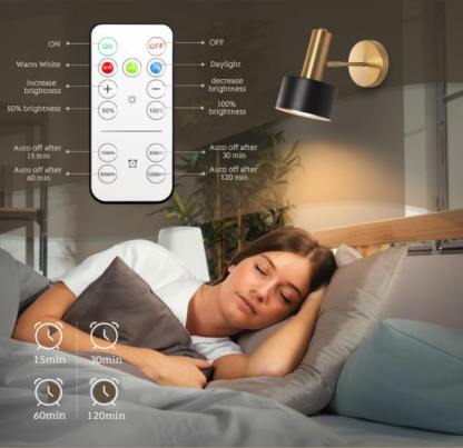 Set de 2 Lámparas/Apliques de Pared a Pilas, Negros y Dorados con Luz LED Regulable, Control Remoto y Función de Memoria 🌟🖤✨ - Imagen 6