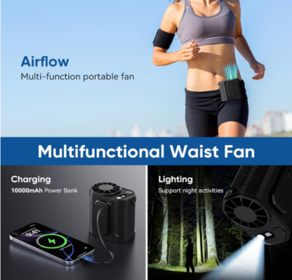 Ventilador Portátil de Cintura con 10 Velocidades, Luz LED y Power Bank de 10000mAh 💨🔋💡 - Imagen 4