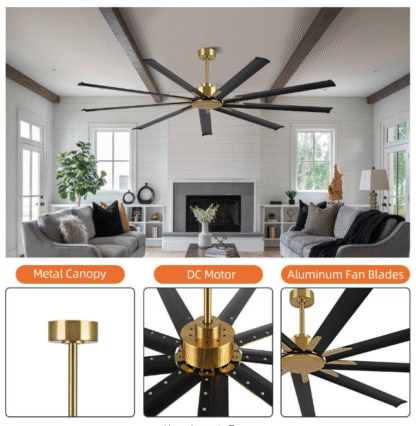 Ventilador de Techo Industrial Negro y Dorado de 84 pulgadas con 9 Aspas de Aluminio, Motor DC Reversible y Control Remoto 🌀✨ - Imagen 8