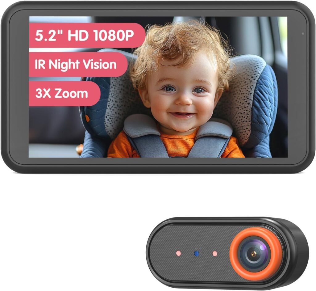 Cámara de Auto para Bebé con Visión Nocturna y Pantalla de 5.2'' 1080P – Instalación sin Daños y Montura Antivibración 🚗👶🌙