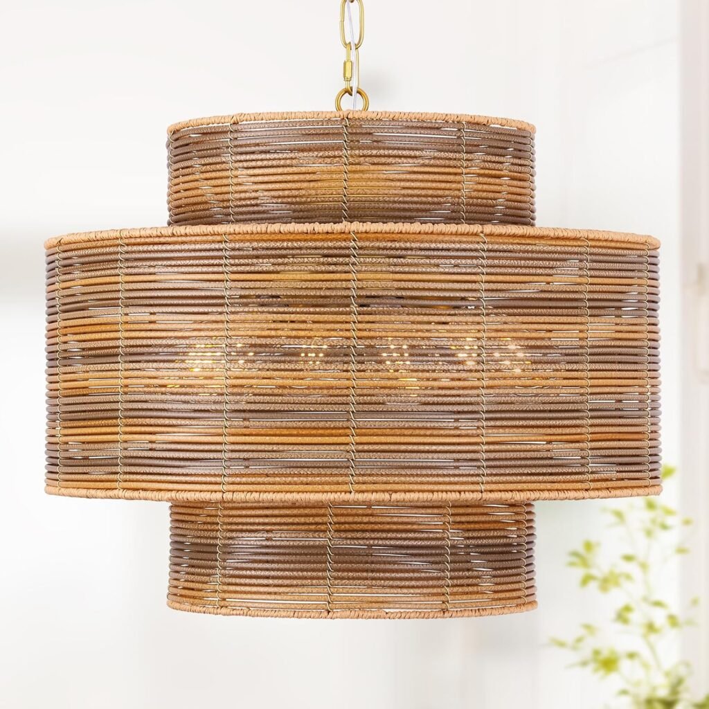 Lámpara de techo bohemia de mimbre trenzado de 3 niveles con 6 focos E26 💡✨