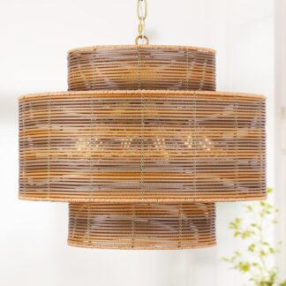Lámpara de techo bohemia de mimbre trenzado de 3 niveles con 6 focos E26 💡✨