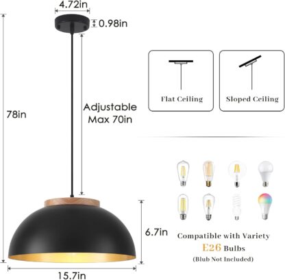 Juego de 2 lámparas colgantes negras de 40 cm para cocina o comedor con detalles de madera 🌾💡 - Imagen 4