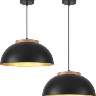 Juego de 2 lámparas colgantes negras de 40 cm para cocina o comedor con detalles de madera 🌾💡