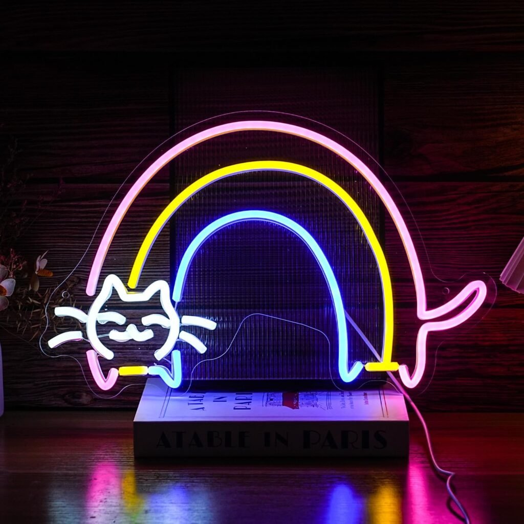Letrero de neón LED arcoíris con gato para pared 🌈🐱✨